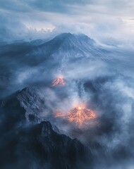 Aerial view of volcano eruption and dormant volcanic landscape, dramatic geological activity captured from above, showing active and inactive volcano formations, lava terrain, earth movement forces, n