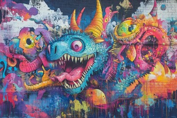 Fototapeta premium Colorful fantastical creatures mural bursting from wall