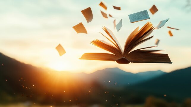 An open book with pages flying apart against a beautiful sunset backdrop, capturing the essence of imagination, learning, and the joy of reading in nature.