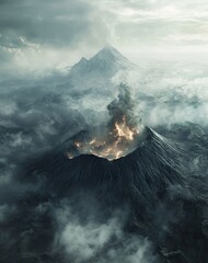 Aerial view of volcano eruption and dormant volcanic landscape, dramatic geological activity captured from above, showing active and inactive volcano formations, lava terrain, earth movement forces, n
