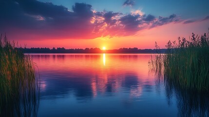 Naklejka premium Lake horizon sunset glowing forest high resolution hd picture
