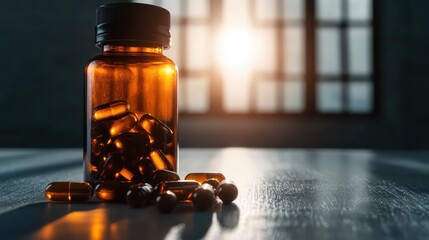 A beautifully lit amber bottle filled with softgel capsules, suggesting health encapsulation products that enhance well-being and dietary management in natural settings.