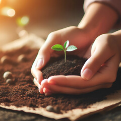 Hands holding a small growing plant with care