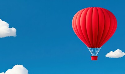 Obraz premium Vibrant Red Hot Air Balloon Against Bright Blue Sky with Fluffy White Clouds, Perfect for Travel, Adventure or Leisure-Themed Projects