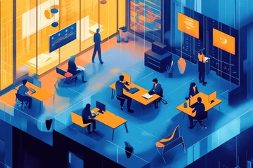 Collaborative workspace design showcasing teams engaged in various tasks in a modern office environment