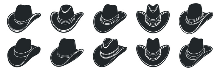 Set of ten cowboy hats with various designs, bands, and shapes, vector illustrations