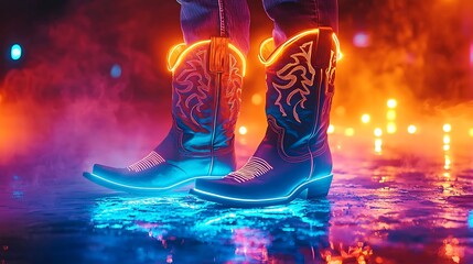 Neon-lit cowboy boots on a reflective surface.