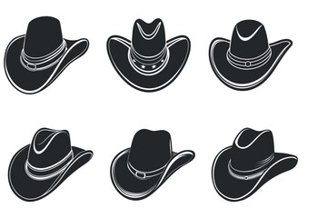 Set of six cowboy hats with different crown and brim styles, vector illustration