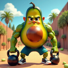 A stylized fitness avocado holding a heavy kettlebell while doing squats