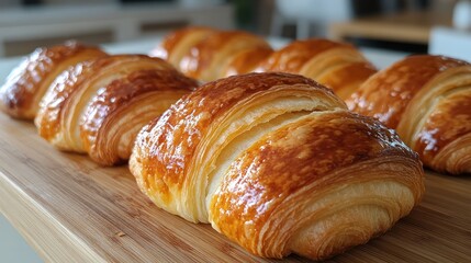 Golden Brown Croissants on Wooden Board