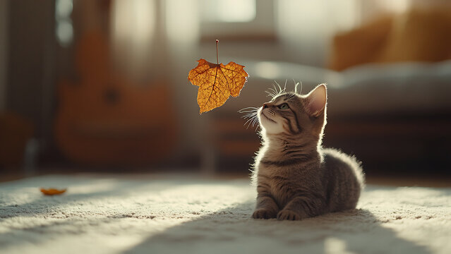 curious tabby kitten lies on sunlit carpet, gazing intently at falling autumn leaf in cozy living room. warm tones and soft lighting create serene and playful atmosphere