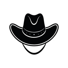 Black silhouette of a cowboy hat icon with star studs and curved brim, vector illustration