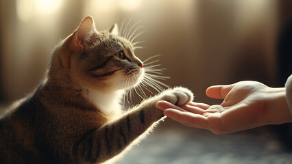 tabby cat gently places its paw on human hand, creating heartwarming moment in soft, natural light. background is softly blurred, emphasizing bond between cat and person