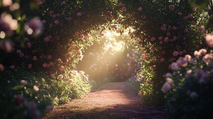 Obraz premium Sunlit Rose Garden Path: A Magical Walk Through Blooming Roses
