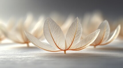 Delicate leaf skeletons form a row in a soft light