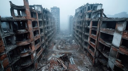Crumbling structures loom in a foggy post-apocalyptic setting, symbolizing human resilience amidst decay. The atmosphere invites reflection on fragility and endurance in challenging times.