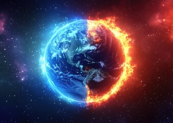 Obraz premium The divided planet earth shows fire and ice contrasts in space
