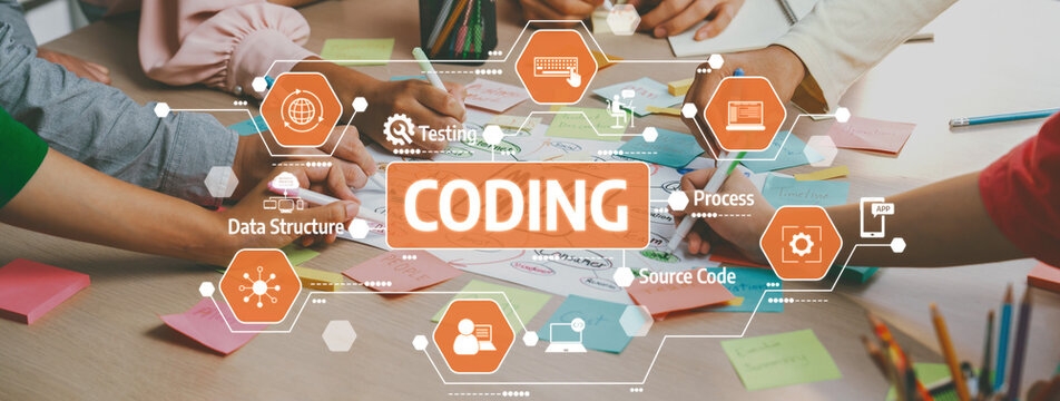 A vibrant coding workshop scene showcasing a group engaged in teamwork, brainstorming, and planning. Colorful sticky notes and hands illustrate collaboration and creativity. Amity