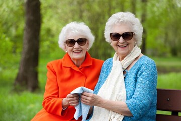 Two women enjoying a sunny day on a park bench surrounded by green trees and laughter in springtime