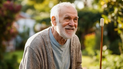 Joyful Elderly Man in a Garden with a Cane
