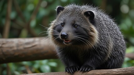 Cute tanuki perched on a branch in a lush green forest setting. Charming and captivating