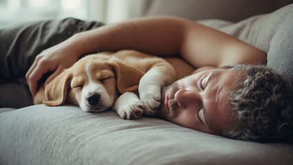 man and puppy sleeping peacefully together on cozy couch, creating heartwarming and serene atmosphere. soft lighting enhances tranquil moment