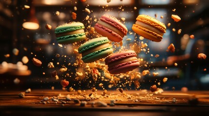 Fototapeta premium Close up of a table with a bunch of macarons flying through the air