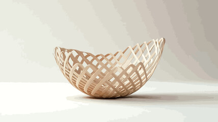 Obraz premium A studio shot of a small, shallow bowl. The bowl is crafted from a light beige or off-white material, possibly ceramic or porcelain, featuring a complex lattice or interwoven pattern. The texture
