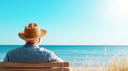 A senior man wearing a straw hat relaxes on a bench near the shore, embodying the joy of summer days spent in nature, reflecting on life and memories while enjoying the sun.