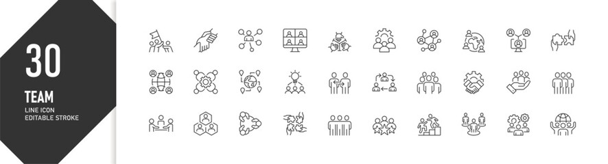 Teamwork and Collaboration Concept, Business and Communication, Editable Stroke Line Icon Set