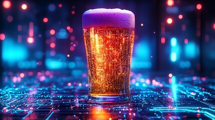 Frothy beer in glass on futuristic surface.