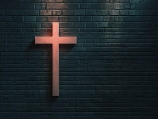 Illuminated Cross on Dark Brick Wall in Moody Religious Setting