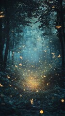 Golden fireflies swirling in a magical misty enchanted forest