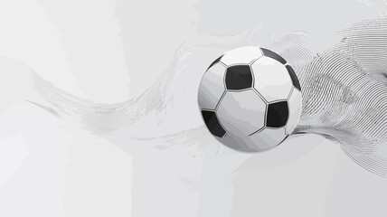 The image shows a monochrome soccer ball in motion against a light gray background.  The ball is predominantly white with black pentagonal patches.  Trailing behind the ball are wisps of gray smoke