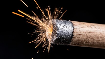 Close-up of Match Head Igniting with Bright Sparks Under Dark Background, Capturing the Dynamic Moment of Fire and Ignition in a Calm Environment