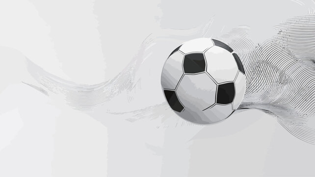 The image shows a monochrome soccer ball in motion against a light gray background.  The ball is predominantly white with black pentagonal patches.  Trailing behind the ball are wisps of gray smoke