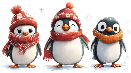 Fototapeta premium Festive penguins enjoying snowfall together high resolution picture