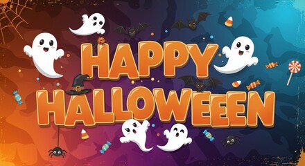 Cartoon Illustration with the Text "Happy Halloween" with ghosts, bats and spiders for banner, flyer, poster. Halloween concept for party invitation design with copy space.