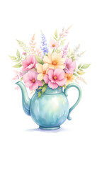 Floral arrangement in a blue teapot with pastel colors  