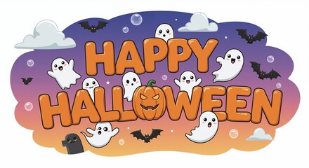 Cartoon Happy Halloween text with ghosts, bats and pumpkin. Cute holiday illustration for banner, poster, party invitation, greeting card design with copy space