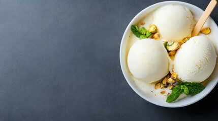 A tempting bowl of pistachio ice cream garnished with crunchy nuts, showcasing a rich green color and appealing textures for ice cream aficionados and gourmet lovers.