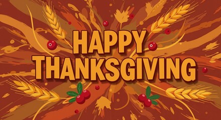Happy Thanksgiving festive background. Golden wheat, cranberries and autumn leaves. Greeting card template, banner, poster, wallpaper with copy space.