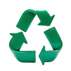 Realistic 3D illustration of a green recycle symbol with a transparent background. The three curved arrows form a continuous loop, representing sustainability, environmental conservation.