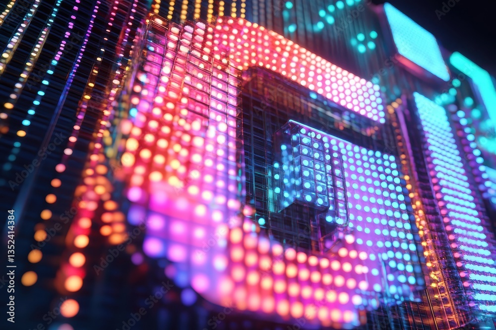 Poster bright and colorful led display illuminating a digital sign at a bustling urban venue in the evening