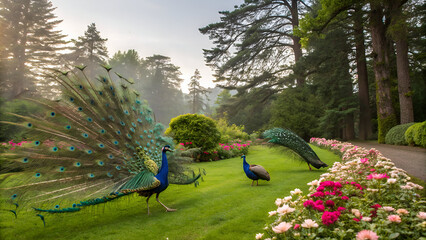 Obraz premium Peacock Displaying Magnificent Feathers in a Blooming Garden