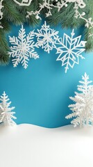 Festive snowy winter scene featuring decorative snowflakes and evergreens