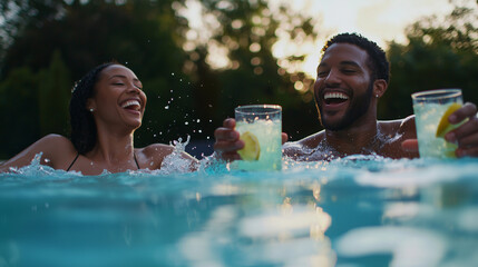 A joyful couple enjoying a poolside moment together with drinks