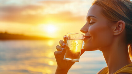 A woman enjoying sunset light while sipping a drink