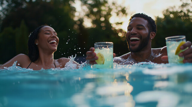 A joyful couple enjoying a poolside moment together with drinks