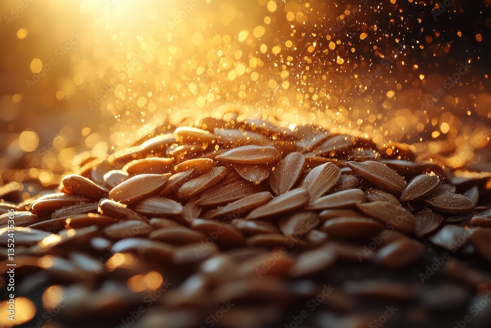Poster sunlight creates a golden glow over a pile of pumpkin seeds captured in a close-up setting